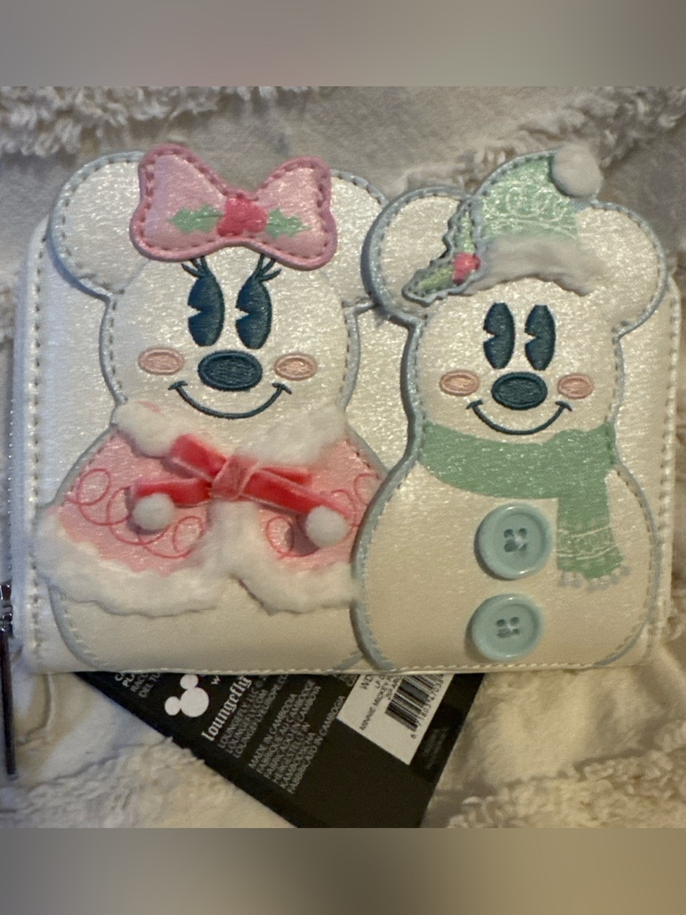 LOUNGEFLY DISNEY Mickey & Minnie Pastel Snowman Lg Zip Around Wallet NWT